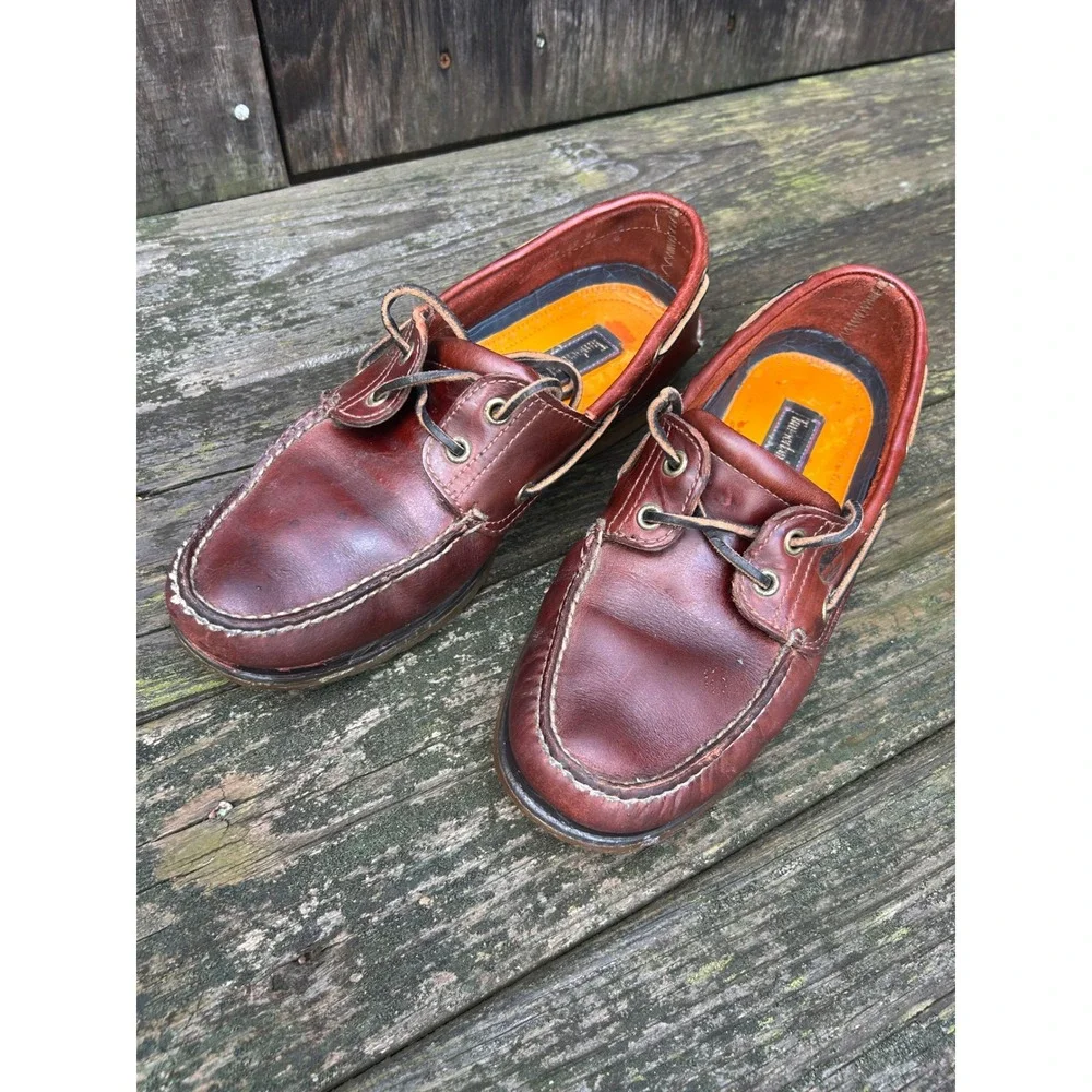 Timberland Mens 9.5 M Burgundy Brown Leather Boat Shoes 25077 Classic Moc Toe